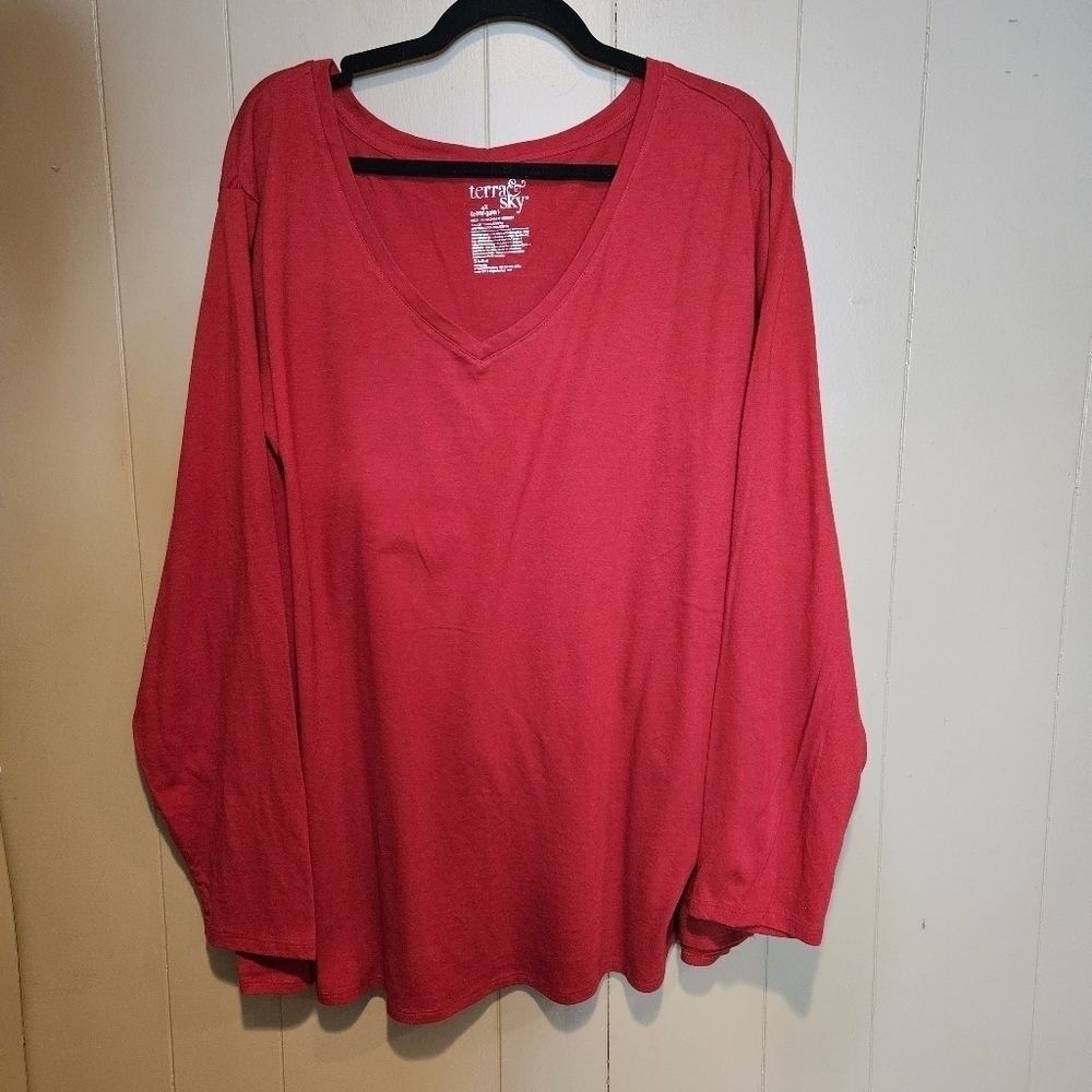 Terra & Sky V-Neck Long Sleeve Athleisure Top, Red, Plus-Size 4X Red, Oversized